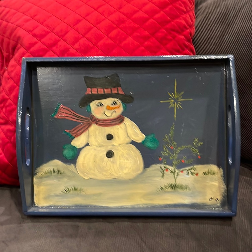 1999 vintage Folk Art wooden tray w/ handles signed by artist from Frenchtown NJ